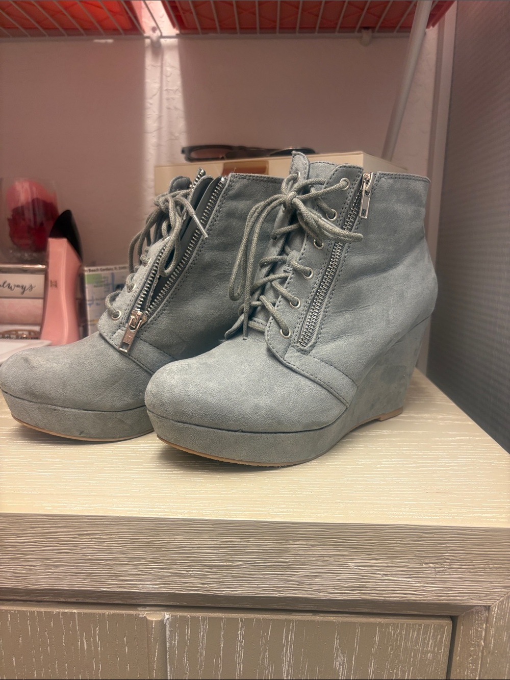 Suede Lace-Up Wedge Ankle Boots in Light Gray